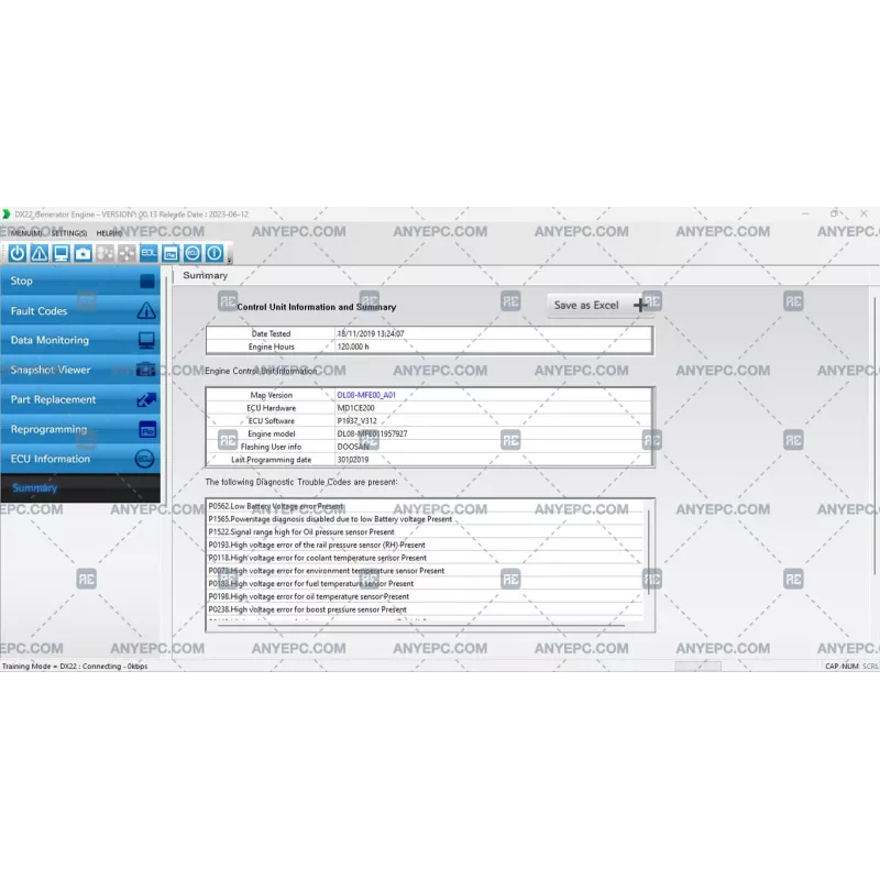 DOOSAN DIAGNOSTIC TOOL DX22 GENERATOR ENGINE 00.13 [2023.06]